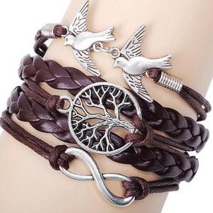 Unisex Brown Braided Multi-strand Adjustable Charm Bracelet Birds Infinity Tree